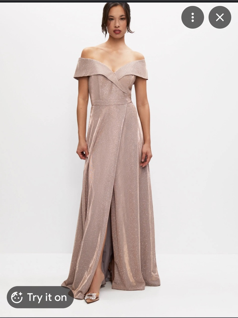 Xscape One-Shoulder Glitter Evening Gown in Rose Gold